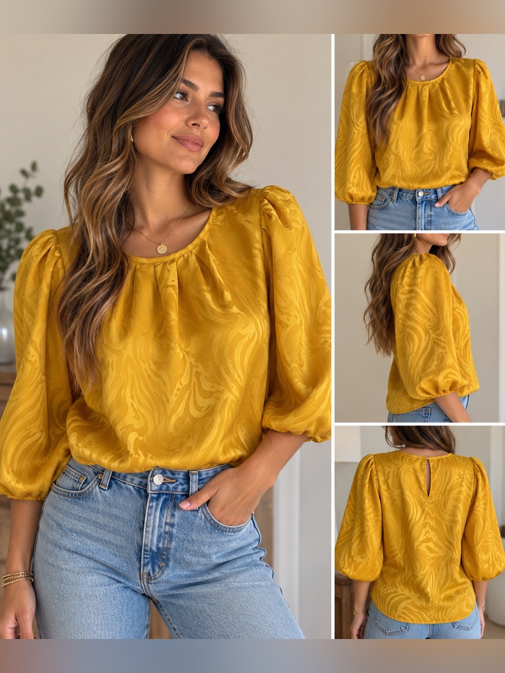 Anthro Calligraphie Mustard Yellow Satin Jacquard Puff Sleeve Blouse Size Small